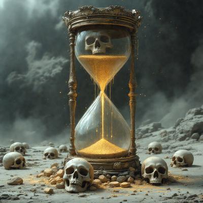 The primary subject of the image is a large, ornate clock with a skull on top. The clock is placed on a rocky surface, which serves as the setting for the scene. The visual style of the image is a combination of photo and digital art, creating a unique and intriguing atmosphere. The colors in the image are predominantly dark, with the skull and clock being the main focus, giving the scene a moody and mysterious mood.